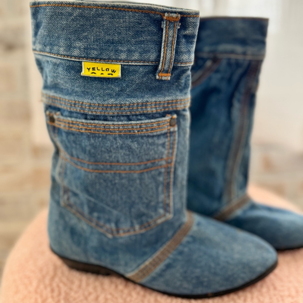Yellow Cab Blue Denim Boots Pocket Leather Sole Size 6 1/2 Low Heel Western